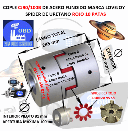 CJ90/100B COPLE LOVEJOY DE FIERRO MAZAS RECTAS EXTERIOR 200mm LARGO 245mm SPIDER CJ90 DUREZA 95A ROJO NO. PARTE 68514462063