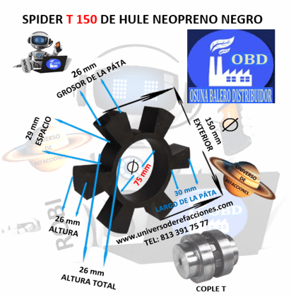 T 150 SPIDER ECONOMIC HULE NEOPRENO NEGRO EXTERIOR 150mm ALTURA 26mm