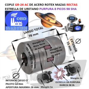 GR-24 COPLE ROTEX ( KTR ) DE ACERO MAZAS RECTAS (1a) PILOTO CON ESTRELLA 98ShA PURPURA EXTERIOR 55mm LARGO 78mm