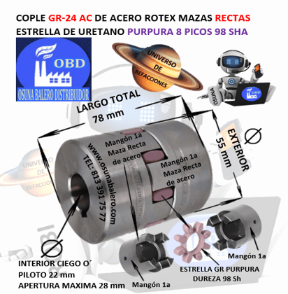GR-24 AC COPLE ROTEX ( KTR ) DE ACERO MAZAS RECTAS (1a) PILOTO CON ESTRELLA 98ShA PURPURA EXTERIOR 55mm LARGO 78mm