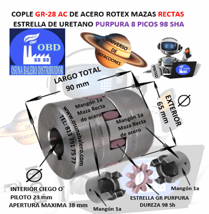 GR-28 AC COPLE ROTEX ( KTR ) DE ACERO MAZAS RECTAS (1a) PILOTO CON SPIDER 98ShA PURPURA EXTERIOR 65mm LARGO 90mm