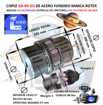 GR-90 COPLE ROTEX ( KTR ) DE FIERRO (GG) MAZAS ESCALONADAS (1) PILOTO CON SPIDER 98ShA PURPURA EXTERIOR 200mm LARGO 245mm