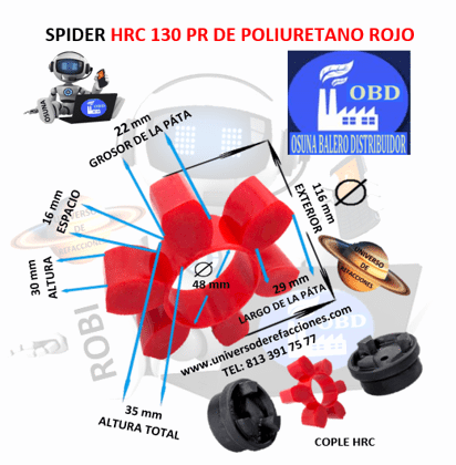 HRC 130 PR SPIDER ECONOMIC POLIURETANO ROJO EXTERIOR 116mm ALTURA 35mm