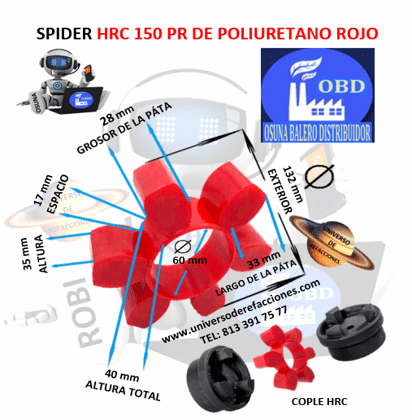 HRC 150 PR SPIDER ECONOMIC POLIURETANO ROJO EXTERIOR 132mm ALTURA 40mm