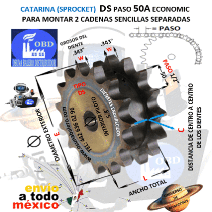 DS50A15 CATARINA PARA 2 CADENAS SENCILLAS SEPARADAS PASO 50 DE 15 DIENTES EXTERIOR E= 3.320″