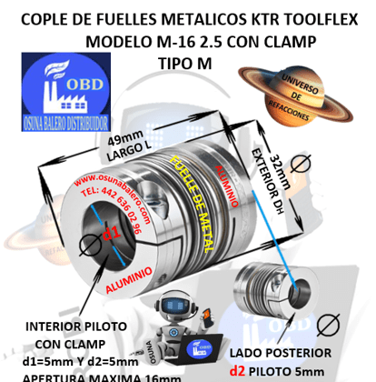 M-16 2.5 COPLE TOOLFLEX KTR DE FUELLES METALICOS CON CLAMP EXTERIOR DH=32mm LARGO L=49mm INTERIOR d1 y d2 =5mm