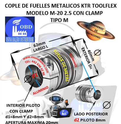 M-20 2.5 COPLE TOOLFLEX KTR DE FUELLES METALICOS CON CLAMP EXTERIOR DH=40mm LARGO L=62mm INTERIOR d1 y d2 =8mm
