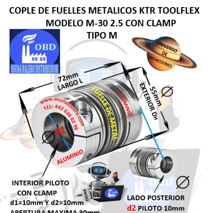 M-30 2.5 COPLE TOOLFLEX KTR DE FUELLES METALICOS CON CLAMP EXTERIOR DH=55mm LARGO L=72mm INTERIOR d1 y d2 =10mm