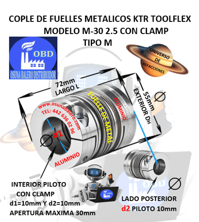 M-30 2.5 COPLE TOOLFLEX KTR DE FUELLES METALICOS CON CLAMP EXTERIOR DH=55mm LARGO L=72mm INTERIOR d1 y d2 =10mm