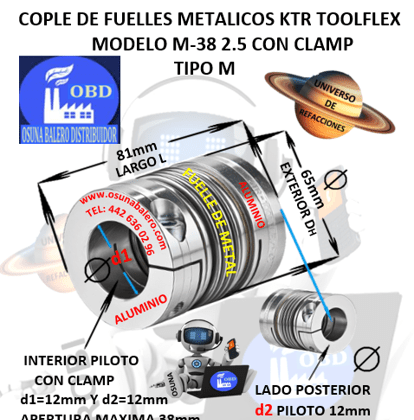 M-38 2.5 COPLE TOOLFLEX KTR DE FUELLES METALICOS CON CLAMP EXTERIOR DH=65mm LARGO L=81mm INTERIOR d1 y d2 =12mm