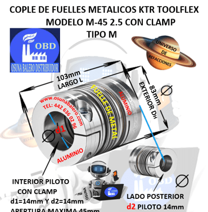 M-45 2.5 COPLE TOOLFLEX KTR DE FUELLES METALICOS CON CLAMP EXTERIOR DH=83mm LARGO L=86.5mm INTERIOR d1 y d2 =14mm