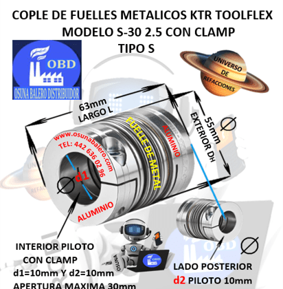 S-30 2.5 COPLE TOOLFLEX KTR DE FUELLES METALICOS CON CLAMP EXTERIOR DH=55mm LARGO L=63mm INTERIOR d1 y d2 =10mm