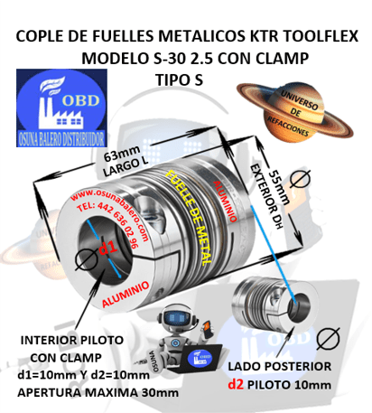 S-30 2.5 COPLE TOOLFLEX KTR DE FUELLES METALICOS CON CLAMP EXTERIOR DH=55mm LARGO L=63mm INTERIOR d1 y d2 =10mm