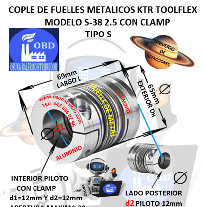 S-38 2.5 COPLE TOOLFLEX KTR DE FUELLES METALICOS CON CLAMP EXTERIOR DH=65mm LARGO L=69mm INTERIOR d1 y d2 =12mm