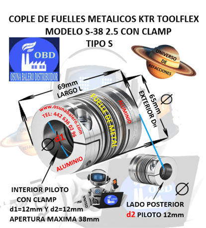 S-38 2.5 COPLE TOOLFLEX KTR DE FUELLES METALICOS CON CLAMP EXTERIOR DH=65mm LARGO L=69mm INTERIOR d1 y d2 =12mm