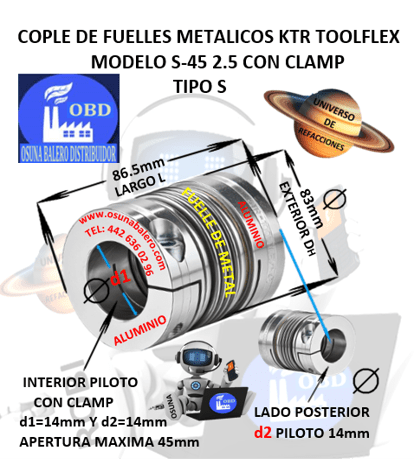 S-45 2.5 COPLE TOOLFLEX KTR DE FUELLES METALICOS CON CLAMP EXTERIOR DH=83mm LARGO L=86.5mm INTERIOR d1 y d2 =14mm