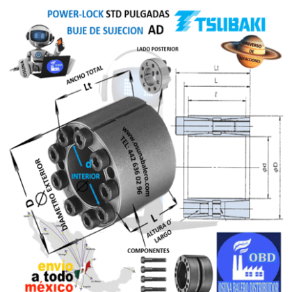PL2 AD POWER-LOCK TSUBAKI INTERIOR d: 2.000” EXTERIOR D: 3.346” LARGO L: 2.520” ANCHO Lt: 2.835”