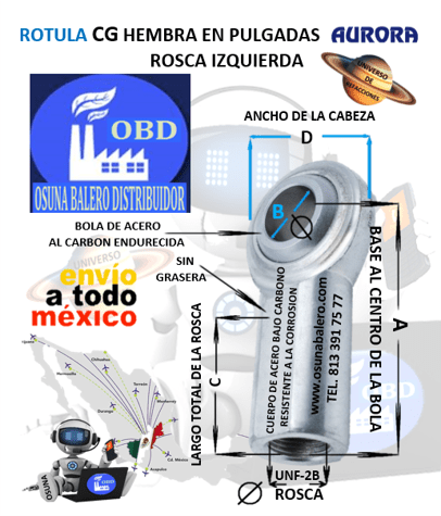CG-6 ROTULA AURORA HEMBRA B=3/8″ UNF-2B=ROSCA 3/8-24 IZQUIERDA