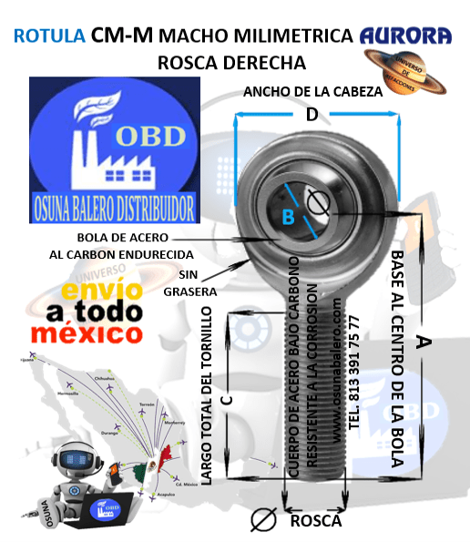 CM-M10 ROTULA AURORA MILIMETRICA MACHO B=10mm ROSCA M10 X 1.5 DERECHA