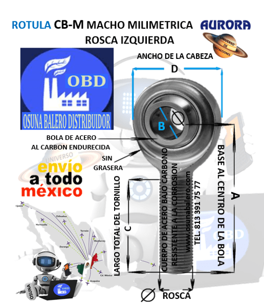 CB-M6 ROTULA AURORA MILIMETRICA MACHO B=6mm ROSCA M6 X 1.00 IZQUIERDA