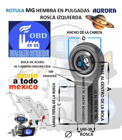 MG-16 ROTULA AURORA HEMBRA B=1″ UNF-2B =ROSCA 1 1/4-12 IZQUIERDA