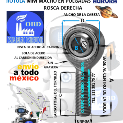 MM-16 ROTULA AURORA MACHO B=1″ UNF-3A=ROSCA 1 1/4-12 DERECHA