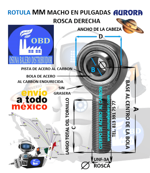 MM-16 ROTULA AURORA MACHO B=1″ UNF-3A=ROSCA 1 1/4-12 DERECHA