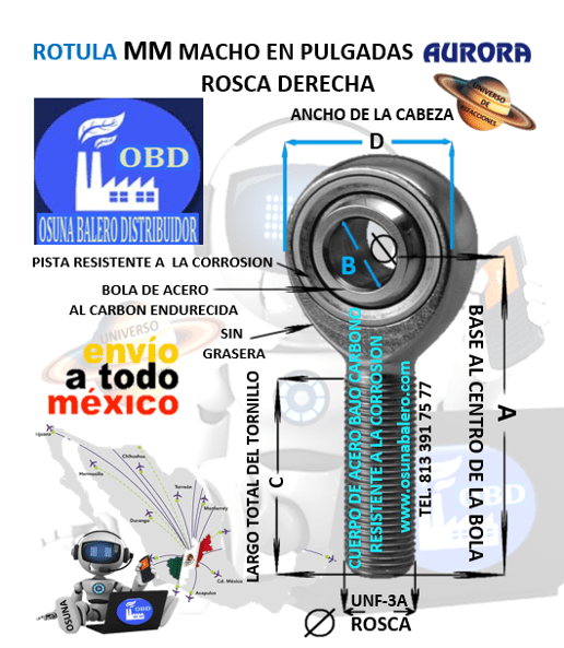 MM-8 ROTULA AURORA MACHO B=1/2″ UNF-3A=ROSCA 1/2-20 DERECHA