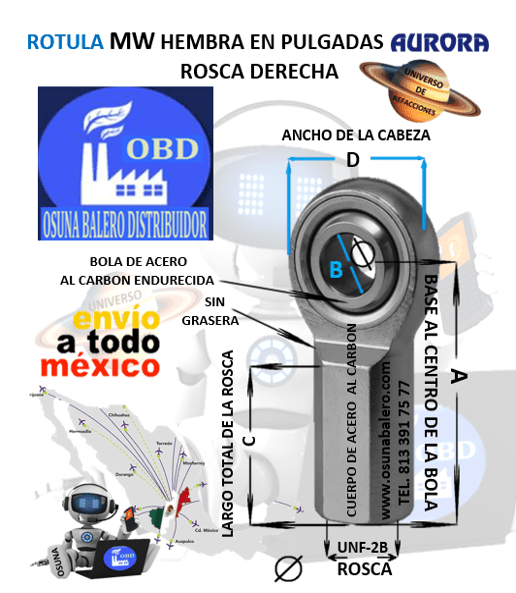 MW-16 ROTULA AURORA HEMBRA B=1″ UNF-2B =ROSCA 1 1/4-12 DERECHA