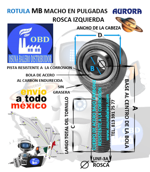 MB-10 ROTULA AURORA MACHO B=5/8″ UNF-3A =ROSCA 5/8-18 IZQUIERDA