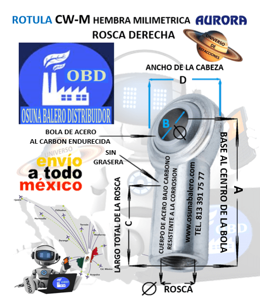 CW-M16 ROTULA AURORA MILIMETRICA HEMBRA B=16mm ROSCA M16 X 2.0 DERECHA