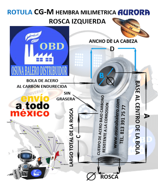 CG-M16 ROTULA AURORA MILIMETRICA MACHO B=16mm ROSCA M16 X 2.0 IZQUIERDA