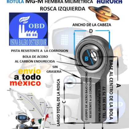 MG-M10 ROTULA AURORA MILIMETRICA HEMBRA B=10mm ROSCA M10 X 1.5 IZQUIERDA