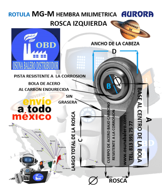 MG-M10 ROTULA AURORA MILIMETRICA HEMBRA B=10mm ROSCA M10 X 1.5 IZQUIERDA