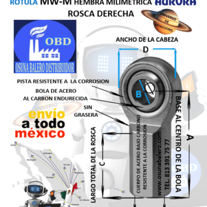 MW-M10 ROTULA AURORA MILIMETRICA HEMBRA B=10mm ROSCA M10 X 1.5 DERECHA