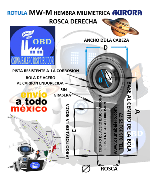 MW-M16 ROTULA AURORA MILIMETRICA HEMBRA B=16mm ROSCA M16 X 2.0 DERECHA