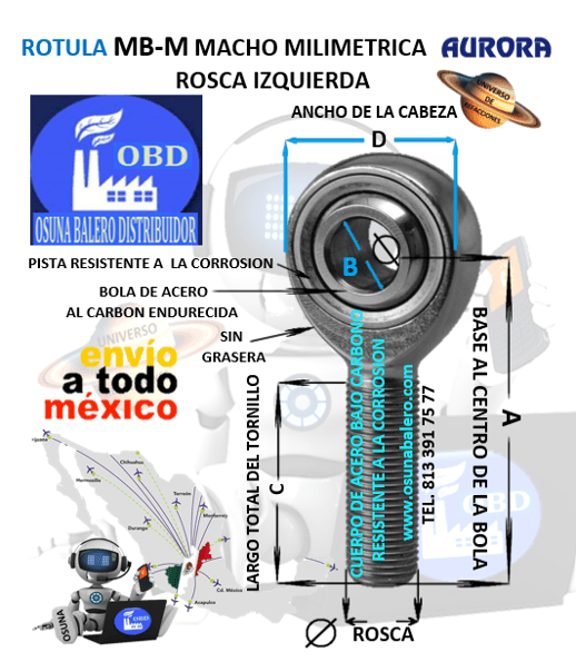 MB-M16 ROTULA AURORA MILIMETRICA MACHO B=16mm ROSCA M16 X 2.0 IZQUIERDA