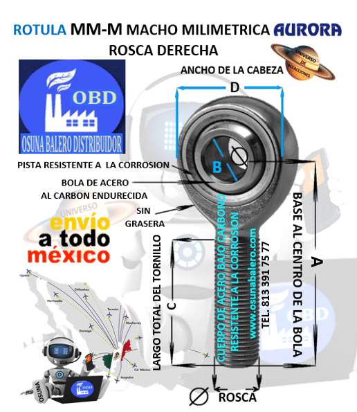 MM-M20 ROTULA AURORA MILIMETRICA MACHO B=20mm ROSCA M20 X 2.5 DERECHA