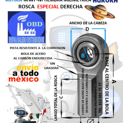 MWF-M10 ROTULA AURORA MILIMETRICA HEMBRA B=10mm ROSCA ESPECIAL M10 X 1.25 DERECHA