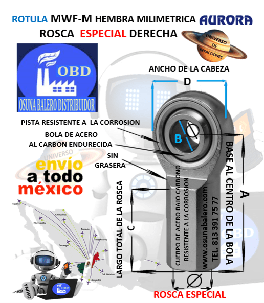 MWF-M14 ROTULA AURORA MILIMETRICA HEMBRA B=14mm ROSCA M14 X 1.5 DERECHA