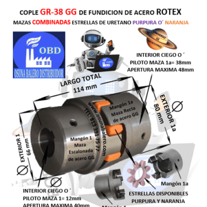 GR-38-1-1a COPLE ROTEX ( KTR ) DE FIERRO (GG) MAZAS COMBINADAS (1-1a) PILOTO CON ESTRELLA PURPURA O´ NARANJA EXTERIOR 80mm LARGO 114mm
