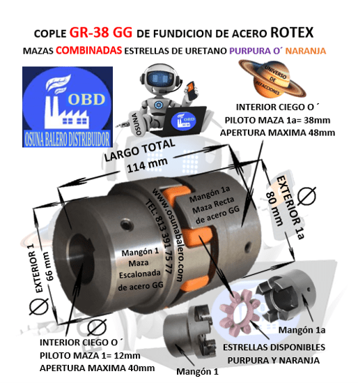 GR-38-1-1a COPLE ROTEX ( KTR ) DE FIERRO (GG) MAZAS COMBINADAS (1-1a) PILOTO CON ESTRELLA PURPURA O´ NARANJA EXTERIOR 80mm LARGO 114mm