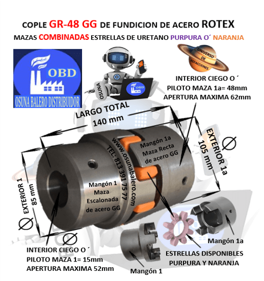GR-48-1-1a COPLE ROTEX ( KTR ) DE FIERRO (GG) MAZAS COMBINADAS (1-1a) PILOTO CON ESTRELLA PURPURA O´ NARANJA EXTERIOR 105mm LARGO 140mm