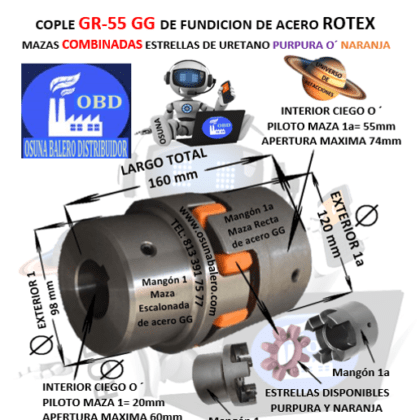 GR-55-1-1a COPLE ROTEX ( KTR ) DE FIERRO (GG) MAZAS COMBINADAS (1-1a) PILOTO CON ESTRELLA PURPURA O´ NARANJA EXTERIOR 120mm LARGO 160mm