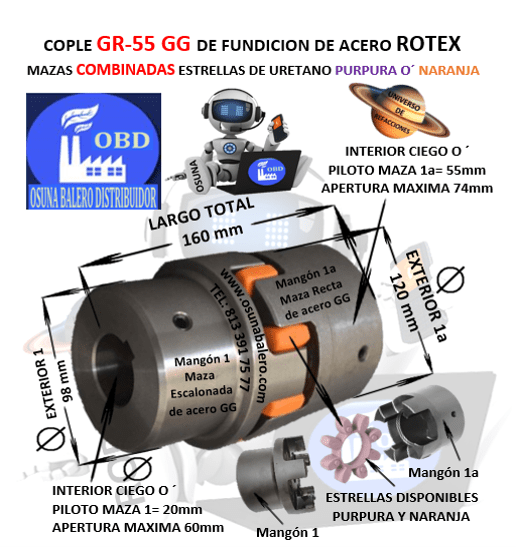 GR-55-1-1a COPLE ROTEX ( KTR ) DE FIERRO (GG) MAZAS COMBINADAS (1-1a) PILOTO CON ESTRELLA PURPURA O´ NARANJA EXTERIOR 120mm LARGO 160mm