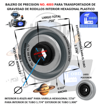 4003 BALERO OBD INTERIOR PLASTICO HEXAGONAL 7/16″ PARA INTERIOR DE TUBO 1.774″