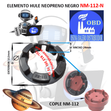 NM-112-N ELEMENTO OBD DE HULE NEOPRENO NEGRO EXTERIOR 112mm ANCHO 24mm