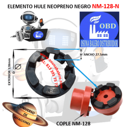 NM-128-N ELEMENTO OBD DE HULE NEOPRENO NEGRO EXTERIOR 128mm ANCHO 27.5mm