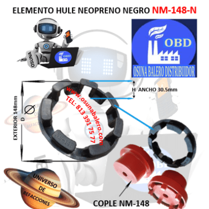 NM-148-N ELEMENTO OBD DE HULE NEOPRENO NEGRO EXTERIOR 148mm ANCHO 30.5mm