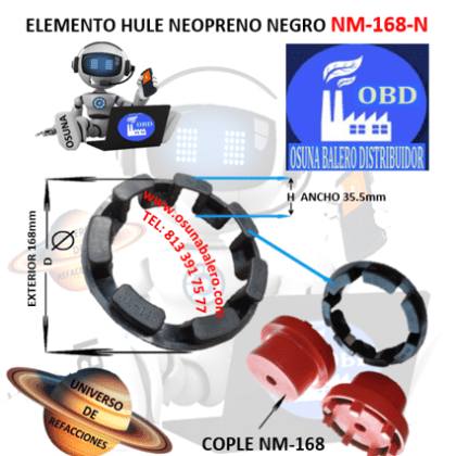 NM-168-N ELEMENTO OBD DE HULE NEOPRENO NEGRO EXTERIOR 168mm ANCHO 35.5mm